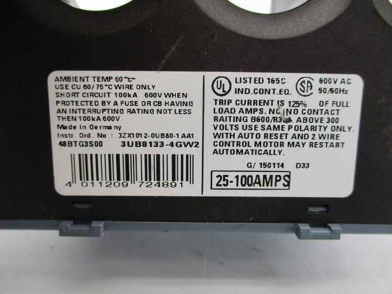 SIEMENS 48BTG3S00 3UB8133-4GW2 600VAC 25-100A NSNP