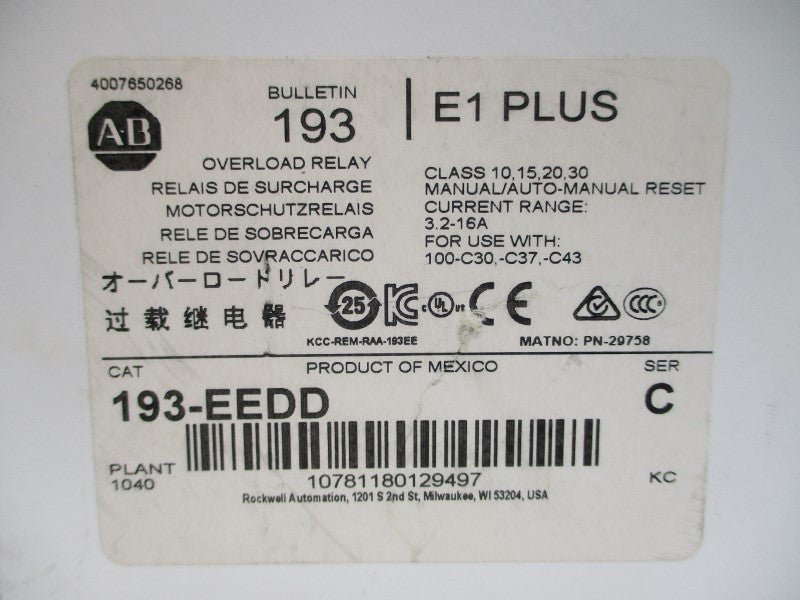 ALLEN BRADLEY 193-EEDD SER. C 690V 3.2-16A (WH) NSMP