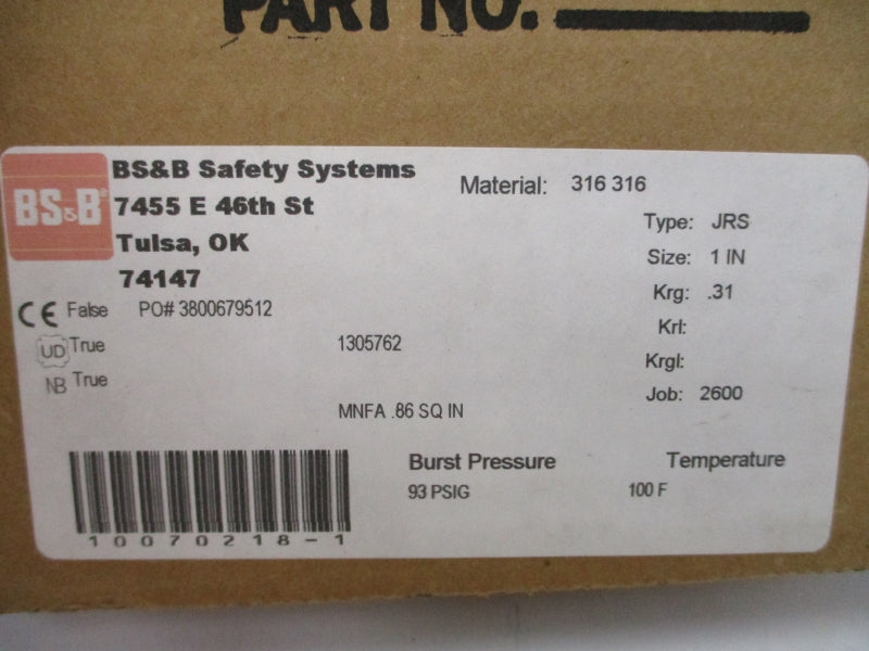 BS&B SAFETY SYSTEMS 1305762 93PSI 100'F 1" NSMP