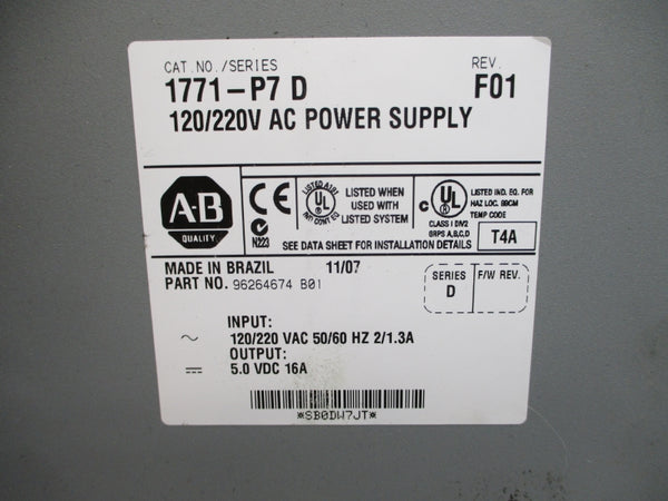 ALLEN BRADLEY 1771-P7 SER. D 120/220VAC 2/1.3A UNMP