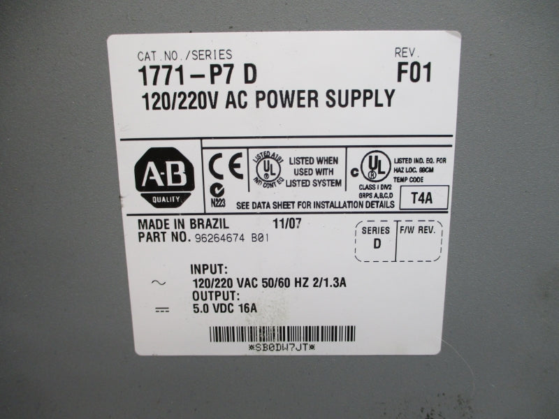 ALLEN BRADLEY 1771-P7 SER. D 120/220VAC 2/1.3A UNMP