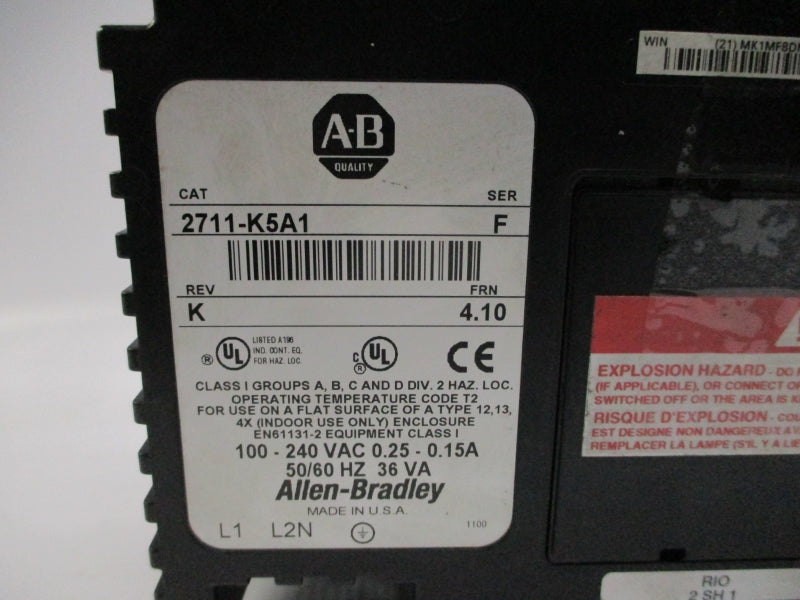 ALLEN BRADLEY 2711-K5A1 SER. F F/W 4.10 100-240VAC 0.25-0.15A UNMP