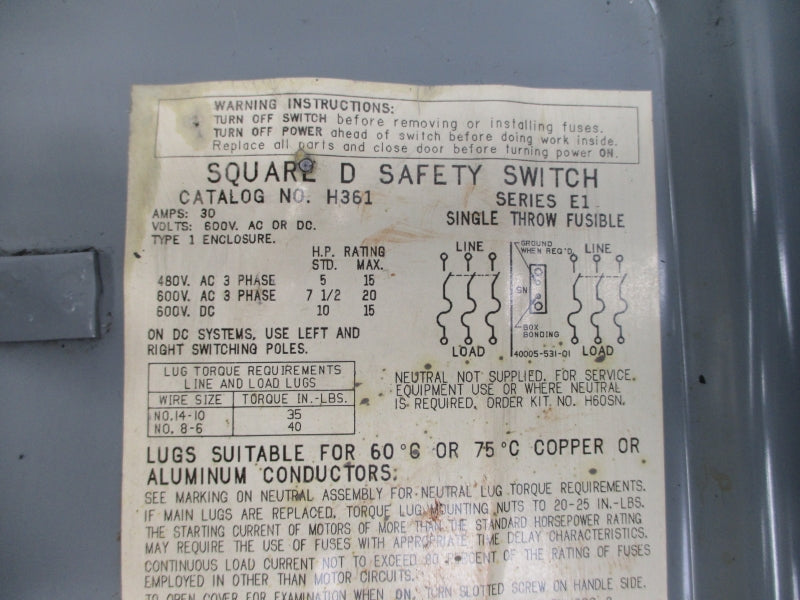 SQUARE D H361 SER. E1 600VAC/DC 30A UNMP