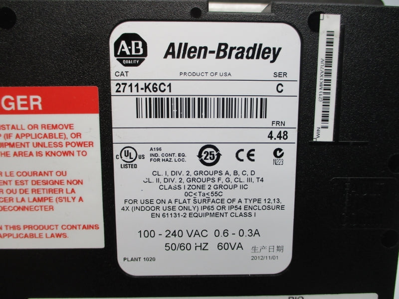 ALLEN BRADLEY 2711-K6C1 SER. C F/W 4.48 100-240VAC 0.6-0.3A UNMP