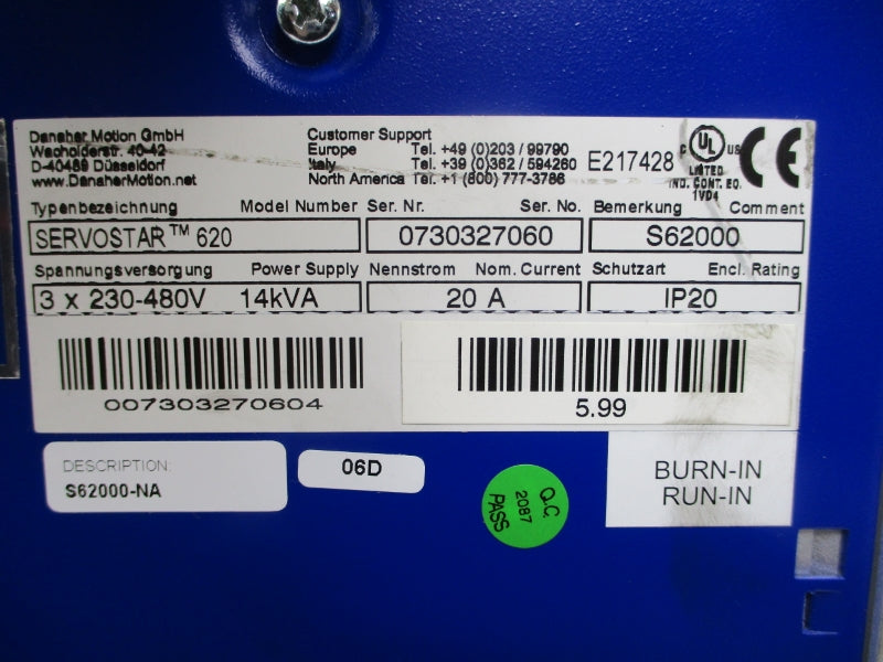 KOLLMORGEN S62000 SERVOSTAR620 230-480V 20A NSNP