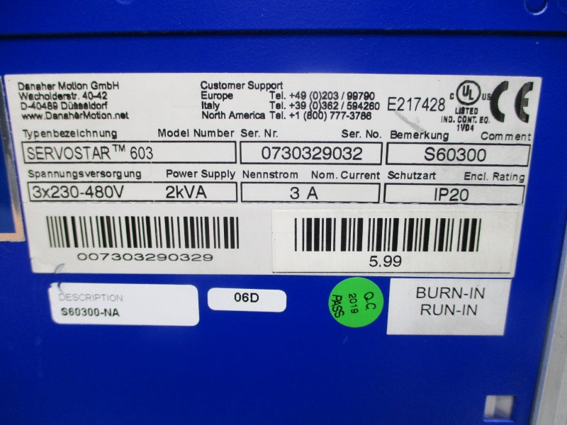 KOLLMORGEN S60300 SERVOSTAR603 230-480V 3A NSNP