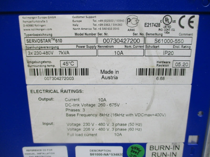 KOLLMORGEN S61000-550 SERVOSTAR610 230-480V 10A UNMP