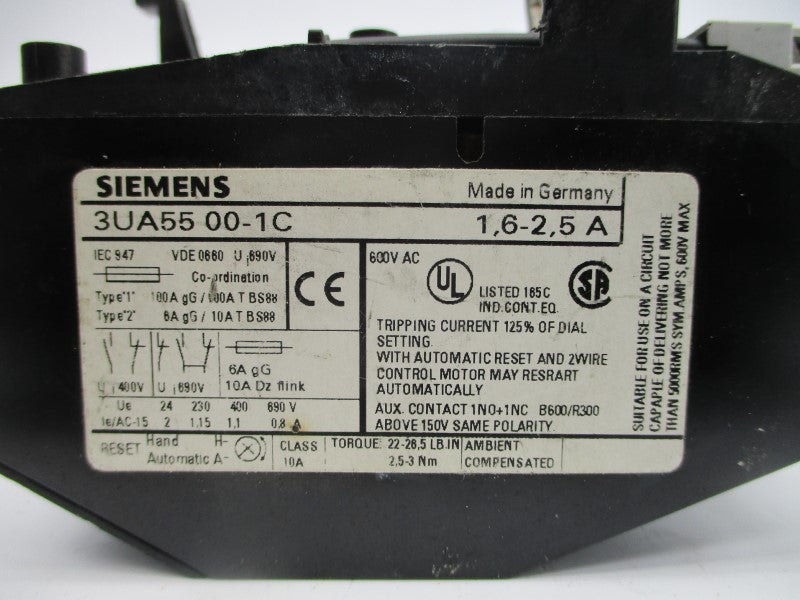 SIEMENS 3UA5500-1C 600VAC 1.6-2.5A NSNP