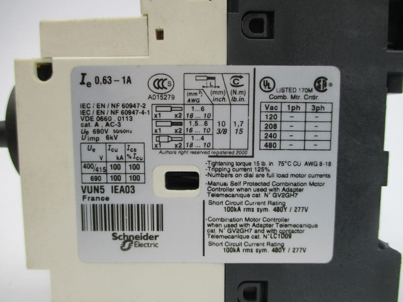 TELEMECANIQUE GV2-P05H7 480VAC 0.63-1A NSNP