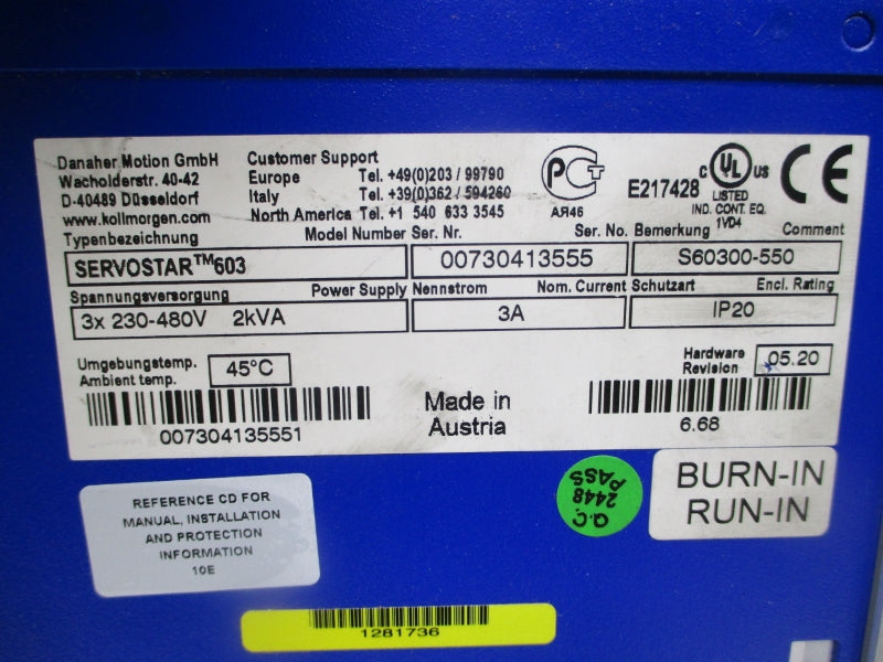 KOLLMORGEN S60300-550 SERVOSTAR603 230-480V 3A UNMP