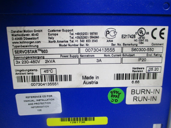 KOLLMORGEN S60300-550 SERVOSTAR603 230-480V 3A UNMP