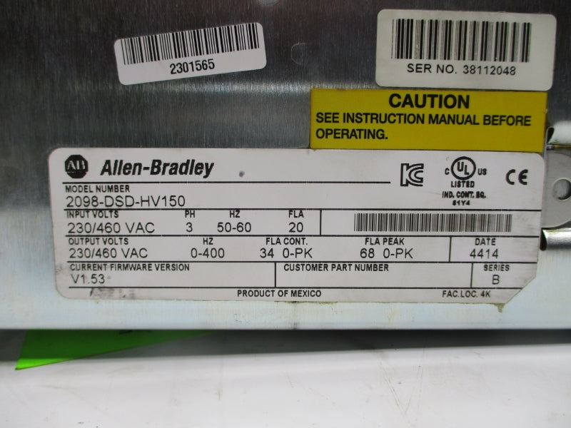 ALLEN BRADLEY 2098-DSD-HV150 SER. B F/W V1.53 230/460VAC 20A REMAN