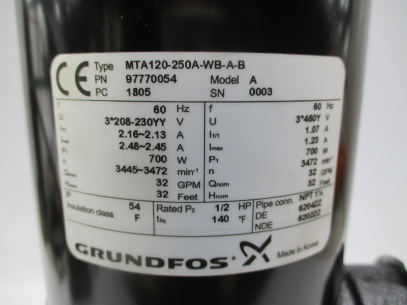 GRUNDFOS MTA120-250A-WB-A-B 208-230V 2.48-2.45A NSMP