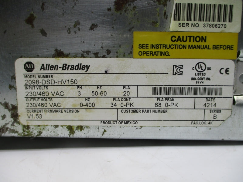 ALLEN BRADLEY 2098-DSD-HV150 SER. B F/W V1.53 230/460VAC 20A UNMP