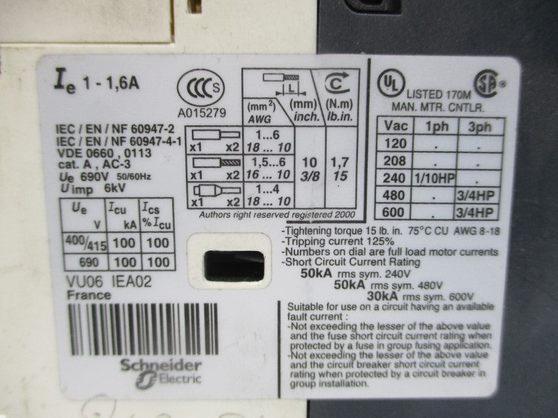 TELEMECANIQUE GV2-P06 600VAC 1-1.6A UNMP