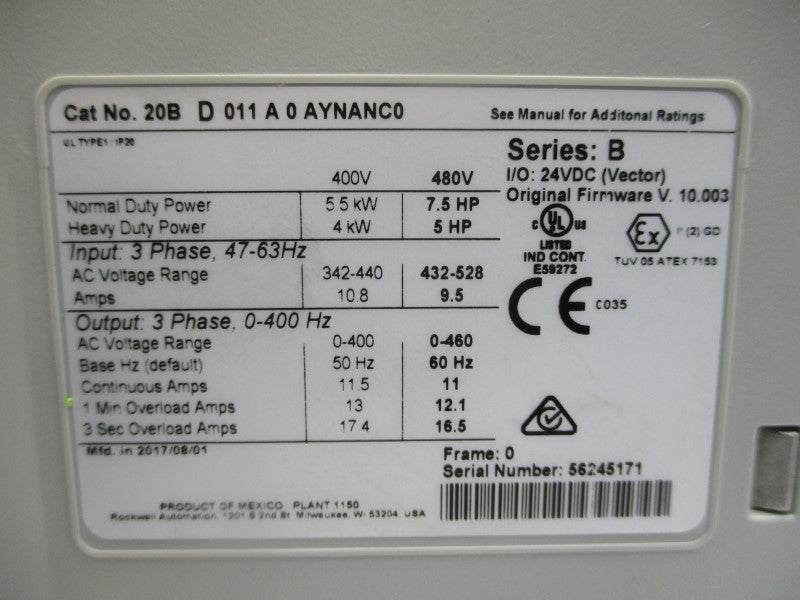 ALLEN BRADLEY 20BD011A0AYNANC0 SER. B F/W 10.003 480VAC 11A NSMP