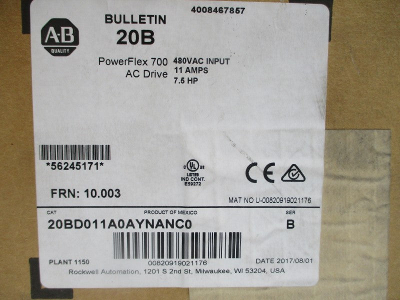 ALLEN BRADLEY 20BD011A0AYNANC0 SER. B F/W 10.003 480VAC 11A NSMP