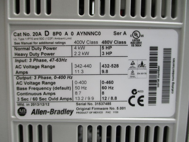 ALLEN BRADLEY 20AD8P0A0AYNNNC0 SER. A F/W 5.001 480VAC 8A NSMP