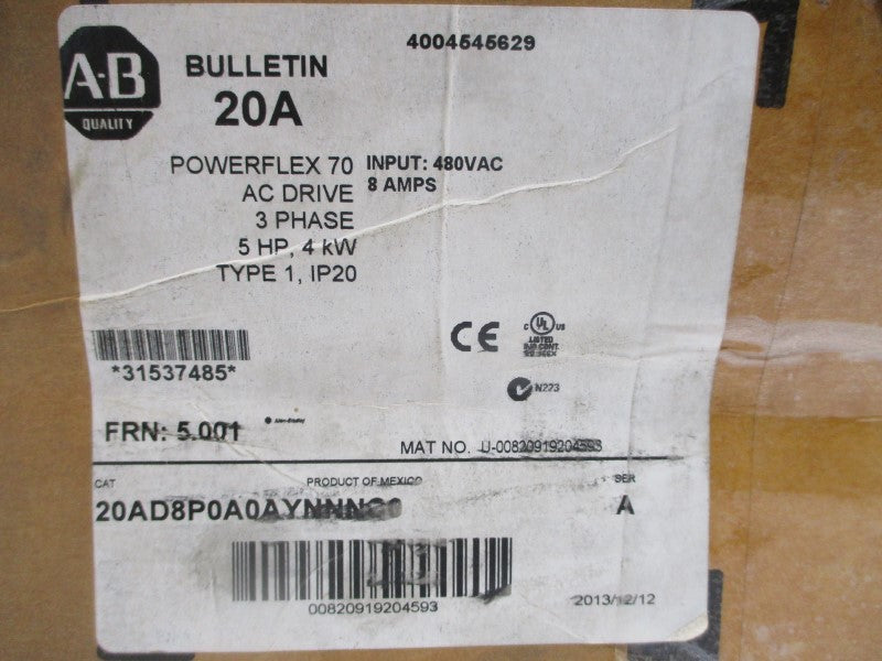 ALLEN BRADLEY 20AD8P0A0AYNNNC0 SER. A F/W 5.001 480VAC 8A NSMP
