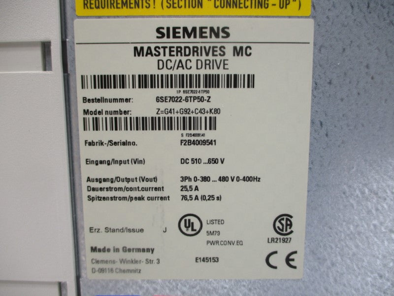 SIEMENS 6SE7022-6TP50-Z 510-650VDC 76.5A NSMP