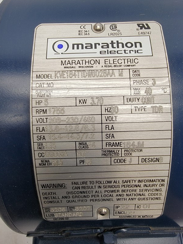 MARATHON ELECTRIC KVE184TTDW6028AA 184TTDW6028 208-230/460V 13.6-12.6/6.3A NSMP