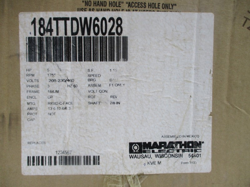 MARATHON ELECTRIC KVE184TTDW6028AA 184TTDW6028 208-230/460V 13.6-12.6/6.3A NSMP