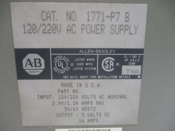 ALLEN BRADLEY 1771-P7 SER. B 120/220VAC 2.00/1.30A NSMP