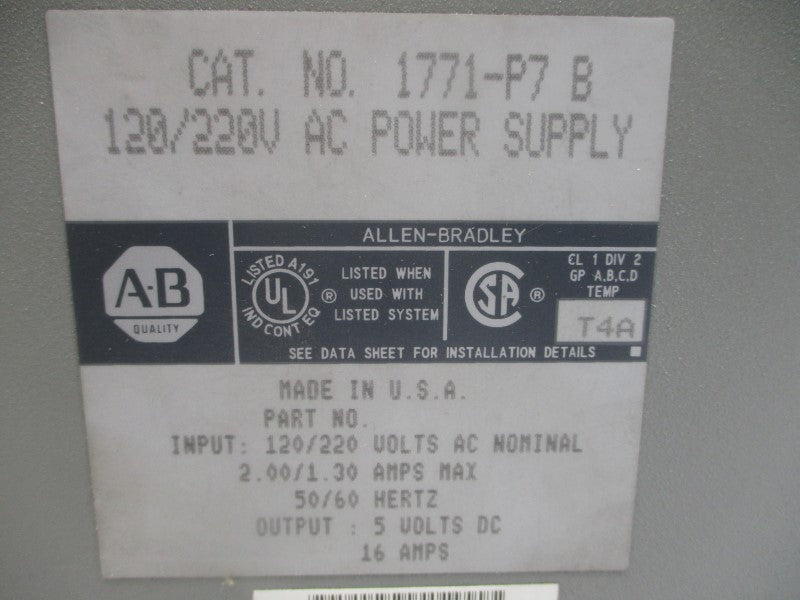 ALLEN BRADLEY 1771-P7 SER. B 120/220VAC 2.00/1.30A NSMP