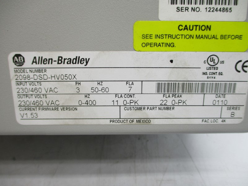 ALLEN BRADLEY 2098-DSD-HV050X SER. B F/W V1.53 230/460VAC 11/22A NSMP