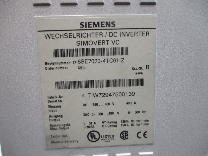 SIEMENS 6SE7023-4TC61-ZG91 510-650VDC 40.5A NSMP