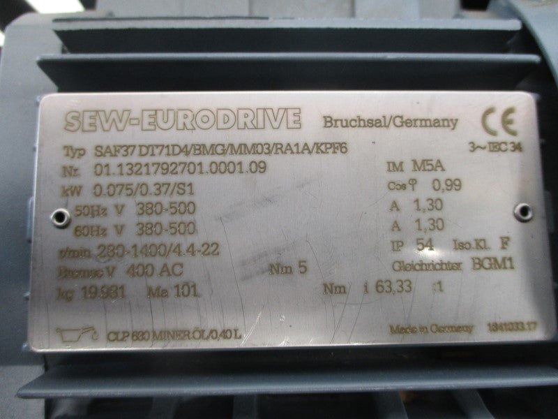 SEW EURODRIVE SAF37DT71D4/BMG/MM03/RA1A/KPF6 380-500V 1.30A NSMP