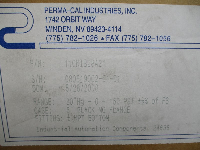 PERMA-CAL INDUSTRIES 110NIB28A21 30"HG-0-150PSI NSMP