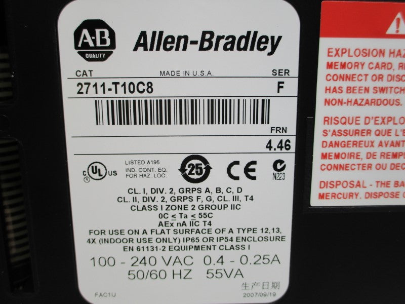 ALLEN BRADLEY 2711-T10C8 SER. F F/W 4.46 100-240VAC 0.4-0.25A NSNP