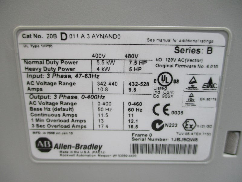 ALLEN BRADLEY 20BD011A3AYNAND0 SER. B F/W 4.010 480VAC 11A NSMP