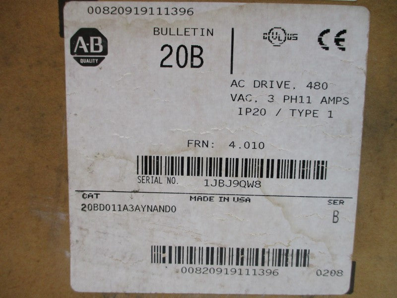 ALLEN BRADLEY 20BD011A3AYNAND0 SER. B F/W 4.010 480VAC 11A NSMP