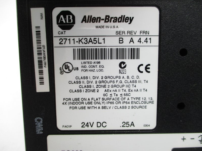 ALLEN BRADLEY 2711-K3A5L1 SER. B F/W 4.41 24VDC .25A NSMP