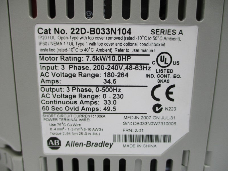 ALLEN BRADLEY 22D-B033N104 SER. A F/W 2.01 180-264V 34.6A NSMP