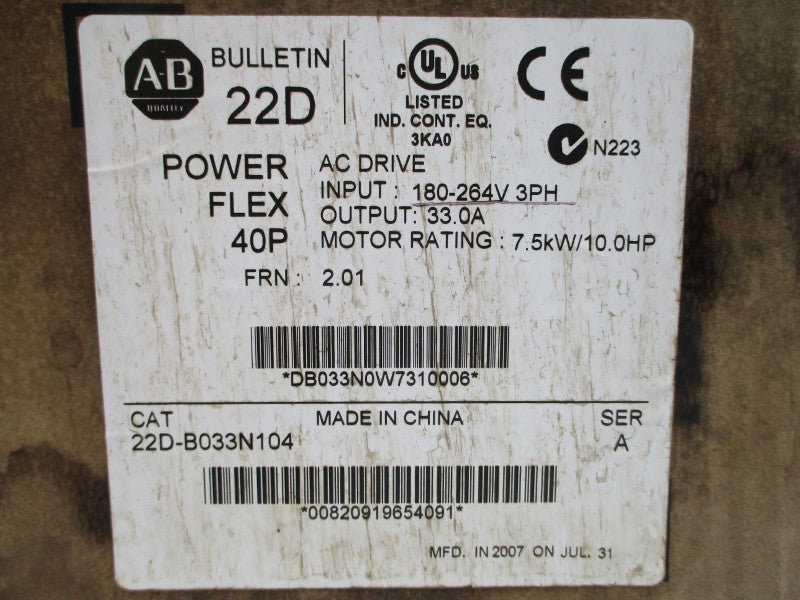 ALLEN BRADLEY 22D-B033N104 SER. A F/W 2.01 180-264V 34.6A NSMP
