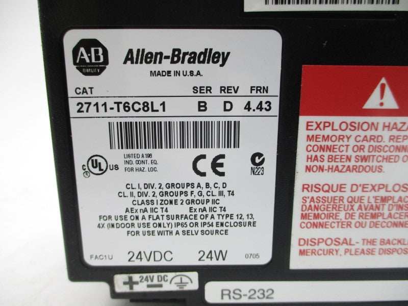 ALLEN BRADLEY 2711-T6C8L1 SER. B F/W 4.43 24VDC NSMP