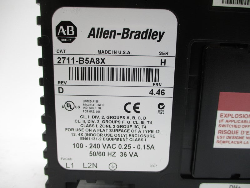 ALLEN BRADLEY 2711-B5A8X SER. H F/W 4.46 100-240VAC 0.25-0.15A REMAN