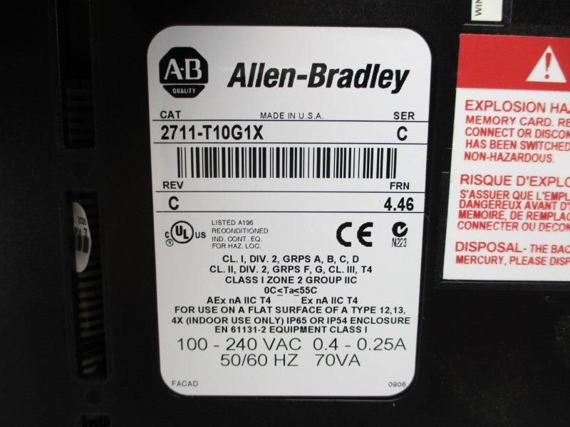 ALLEN BRADLEY 2711-T10G1X SER. C F/W 4.46 100-240VAC 0.4-0.25A REMAN