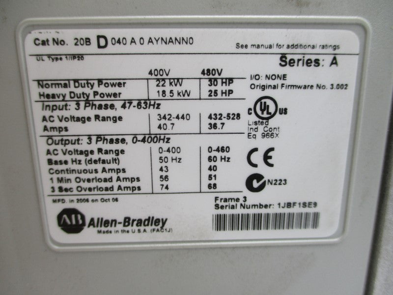 ALLEN BRADLEY 20BD040A0AYNANN0 SER. A F/W 3.002 480VAC 40A NSMP