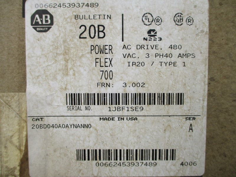 ALLEN BRADLEY 20BD040A0AYNANN0 SER. A F/W 3.002 480VAC 40A NSMP