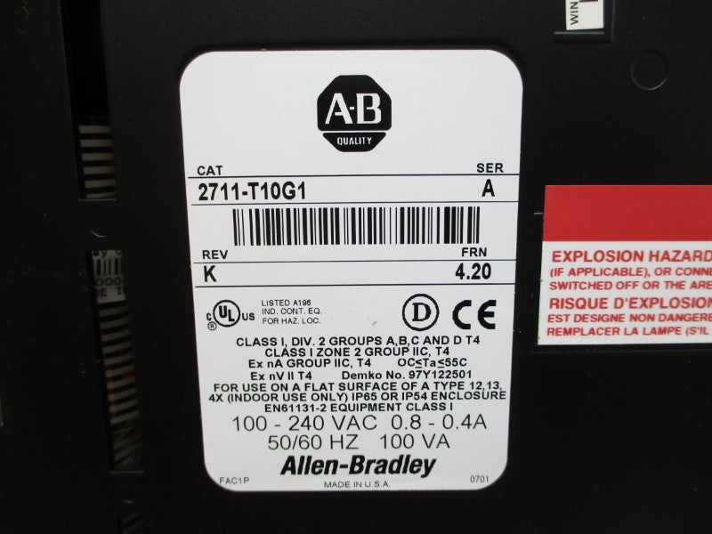 ALLEN BRADLEY 2711-T10G1 SER. A F/W 4.20 100-240VAC 0.8-0.4A NSMP
