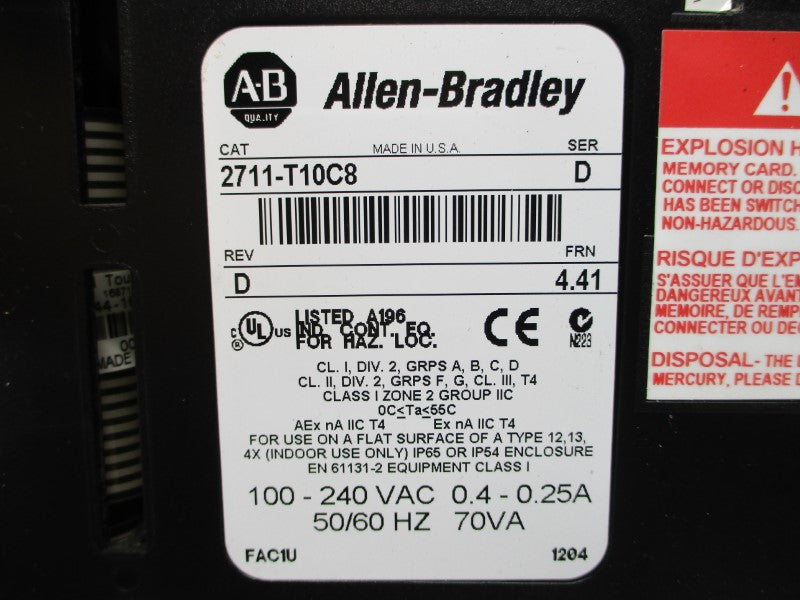 ALLEN BRADLEY 2711-T10C8 SER. D F/W 4.41 100-240VAC 0.4-0.25A NSNP