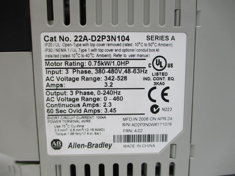 ALLEN BRADLEY 22A-D2P3N104 SER. A F/W 4.02 342-528VAC 3.2A NSMP
