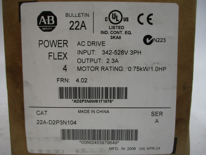 ALLEN BRADLEY 22A-D2P3N104 SER. A F/W 4.02 342-528VAC 3.2A NSMP