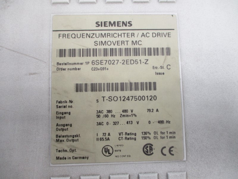 SIEMENS 6SE7027-2ED51-Z 380-480VAC 79.2A UNMP