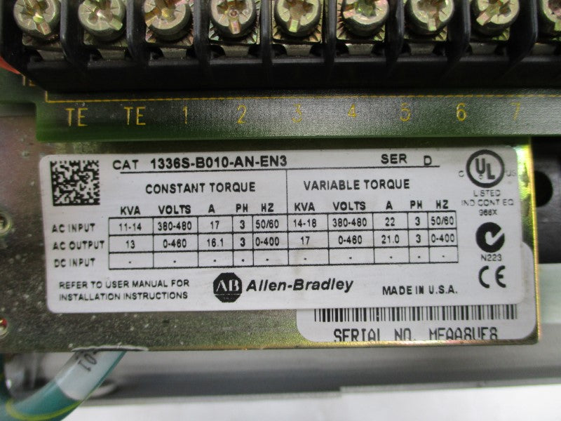 ALLEN BRADLEY 1336S-B010-AN-EN3 SER. D 380-480VAC 22A UNMP