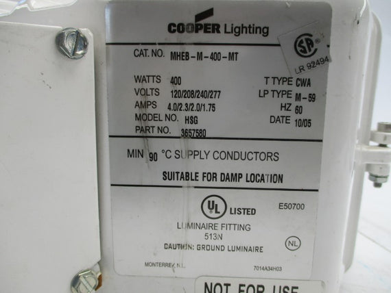 COOPER LIGHTING MHEB-M-400-MT 277V 1.75A UNMP